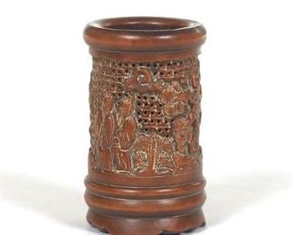 Chinese Carved Wood Brush Holder Bitong 