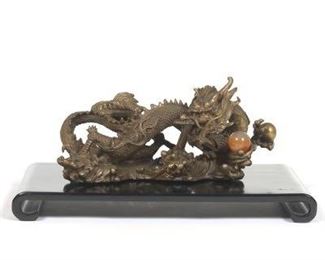 Chinese Cast Bronze Imperial Dragon with Pearl of Wisdom, on Lacquered Wood Stand