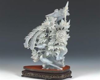 Chinese Icy Bluish Green Jadeite Jade Sculpture of Phoenix with Birds on Floral Bush, on Silver Wire Carved Wood Stand 