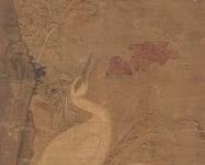 Chinese Ming Dynasty Watercolor on Paper, in Qing Dynasty Gold Color Metallic Wrap Silk Brocade and Wood Frame