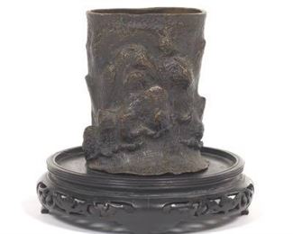 Chinese Patinated Bronze Tree Trunk Brush Holder, on Carved Wood Stand, by Bai Ji 