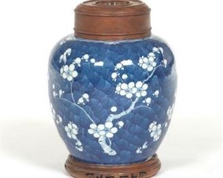 Chinese Porcelain Blue and White Prunus Tree Jar with Wooden Lid, On Carved Wood Stand 
