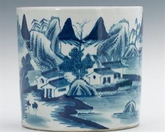 Chinese Porcelain Blue and White Cylindrical Brush Holder Bitong, Apocryphal Kangxi Marks 