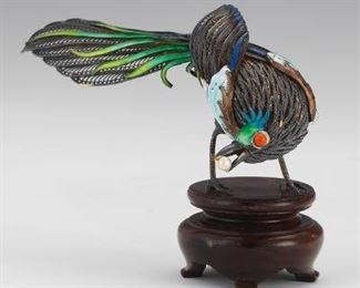 Chinese Silver Gilt, Enamel, Pearl and Coral Bird on Wood Stand, in Presentation Box 