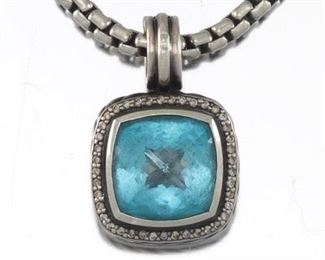 David Yurman Sterling Silver, Blue Topaz and Diamond Pendant on Chain 