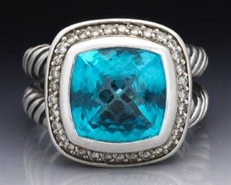 David Yurman Sterling Silver, Blue Topaz and Diamond Ring 