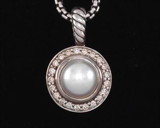 David Yurman Sterling, Diamond and Pearl Pendant on Chain 