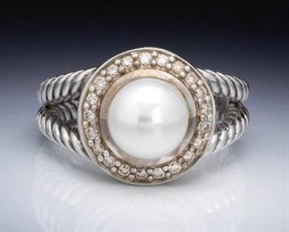 David Yurman Sterling, Diamond and Pearl Ring