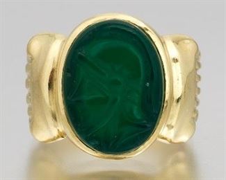 Etruscan Revival Style Gold and Cameo Carved Green Chalcedony Ring 