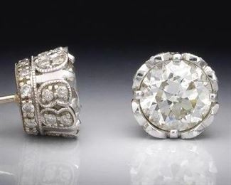 European Cut Gold and Diamond Pair of Stud Crown Earrings