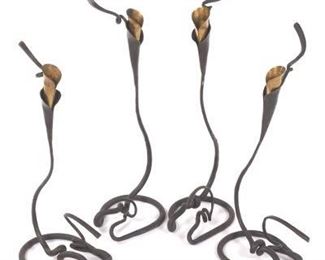 Four Wrought Iron Single Light Calla Lily Candlesticks