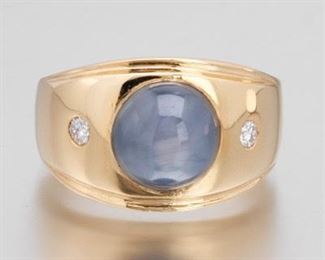 Gentlemens Gold, Blue Star Sapphire and Diamond Ring 