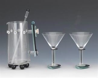 George Ponzini Glass Pitcher and 2 Martini Glasses