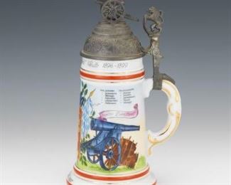 German Porcelain and Zinc Regimental Stein with Lithophane Image Inside, ca. 20th Century