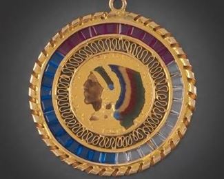 Gold Coin, Enamel and Gemstone Pendant 