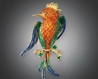 Gold, Enamel and Tsavorite Bird of Paradise Pin Brooch