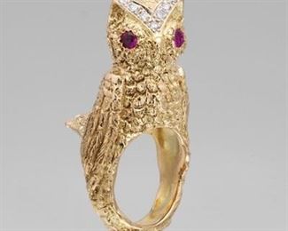 Gold, Ruby and Diamond Owl Ring 