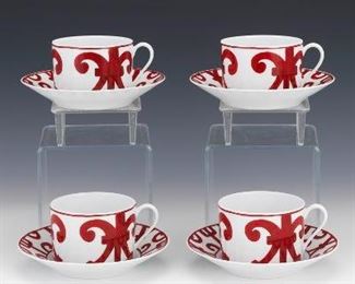 Hermes Balcon du Guadalquivir Tea Cups and Saucers, Set of Four 