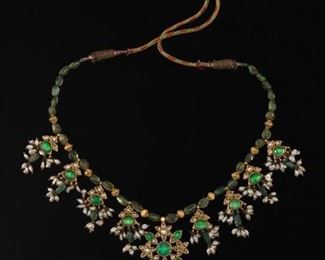 Indian Mughal Style Emerald, Diamond and Pearl Necklace 
