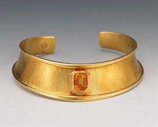 Italian 18k Gold and Honey Citrine Hammered Collar Necklace 