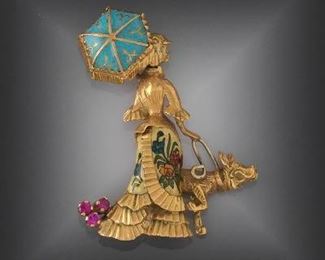 Italian 18k Gold Lady with a Dog Brooch 