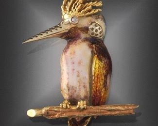 Italian Enamel and Diamond Bird Brooch 