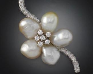 J. Stella Gold, Diamod and Baroque Pearls Floral Pin Brooch 