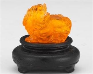 Japanese Amber with Insect Foo Dog Netsuke, on Wood Stand 