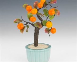 Japanese Art Glass Persimmon Bonsai Tree in Porcelain Planter 