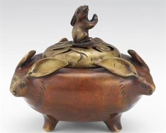 Japanese Bronze Lidded Rabbit Censer