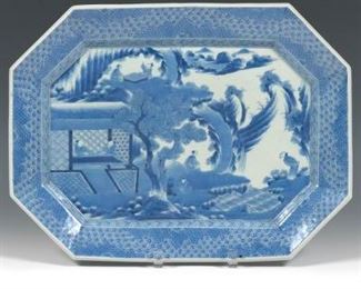 Japanese Large Porcelain Octagonal Scenic Platter, Meiji Era 