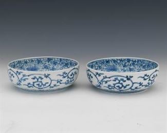 Japanese Pair of Porcelain Blue and White Bowls, Three Friends of Winter, Edo Era, Imported by Gumps 
