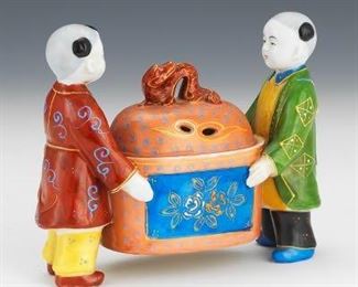 Japanese Porcelain Two Boys Holding Basin with Lid Porcelain Incense Burner, for NeimanMarcus Japan 