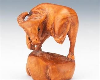 Japanese Signed Carved Boxwood Netsuke of a Water Buffalo