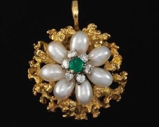 Ladies 18k Gold, Pearl, and Emerald Pendant 