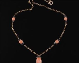 Ladies Angel Skin Coral, Sapphire, Diamond and Gold Necklace 