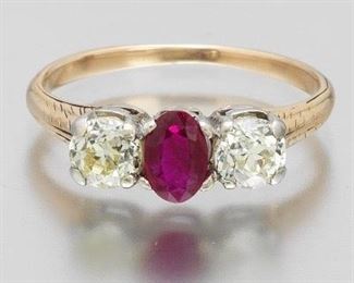 Ladies Art Deco Gold, Platinum, Ruby and Diamond Ring 