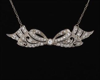 Ladies Art Deco Style Gold and Diamond Bow Necklace 