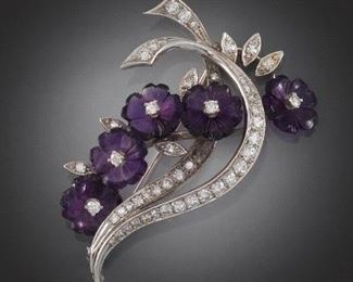 Ladies Carved Amethyst and Diamond Brooch 