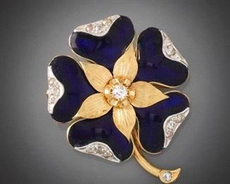 Ladies Cobalt Enamel and Diamond Flower Brooch 