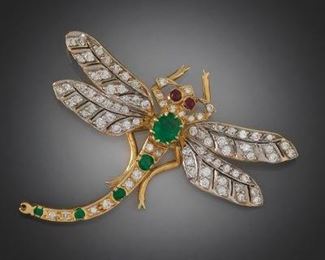 Ladies Dragonfly Gold, Diamond and Emerald Brooch 