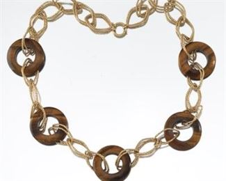 Ladies Gold and Carved Tiger Eye Fashion Necklace 