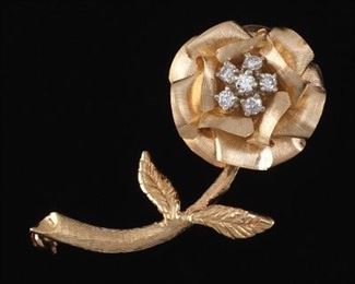 Ladies Gold and Diamond Flower Brooch 