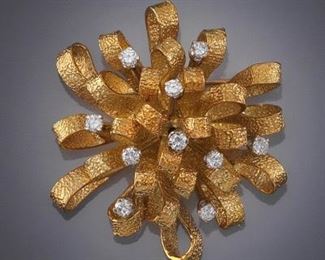 Ladies Gold and Diamond Looped Bow Brooch 