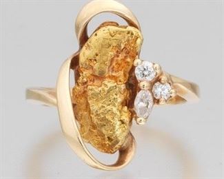 Ladies Gold Nugget and Diamond Ring 