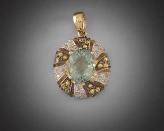 Ladies Gold, 5 ct Green Amethyst, Diamond and Amber Citrines Pendant 