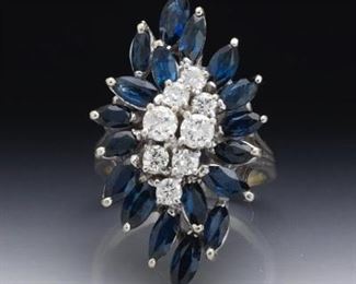 Ladies Gold, Blue Sapphire and Diamond Cluster Ring 