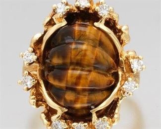 Ladies Gold, Carved Tiger Eye and Diamond Fashion Ring 