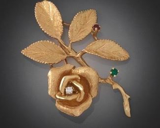 Ladies Gold, Diamond and Gemstone Rose Brooch 