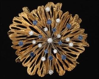 Ladies Gold, Diamond and Blue Sapphire Floral Pin Brooch 